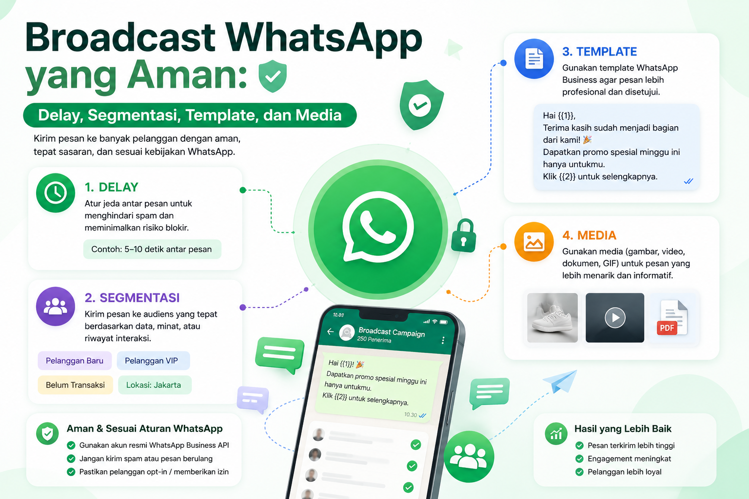 Broadcast WhatsApp yang Aman: Delay, Segmentasi, Template, dan Media