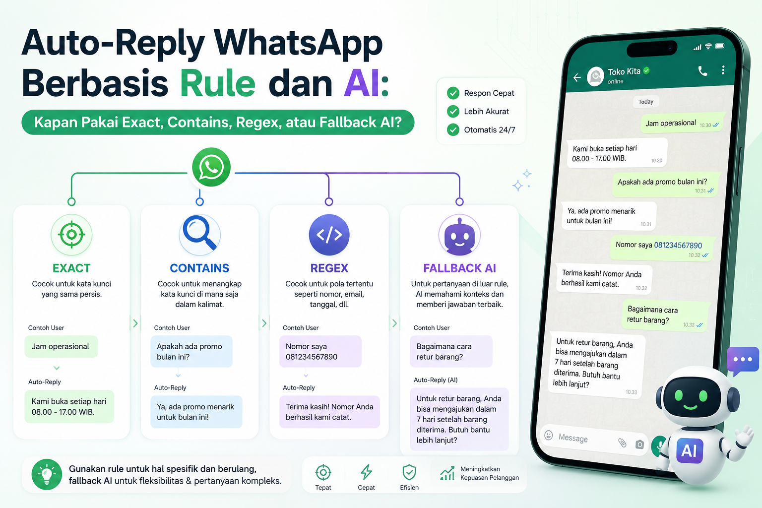 Auto-Reply WhatsApp Berbasis Rule dan AI: Kapan Pakai Exact, Contains, Regex, atau Fallback AI?